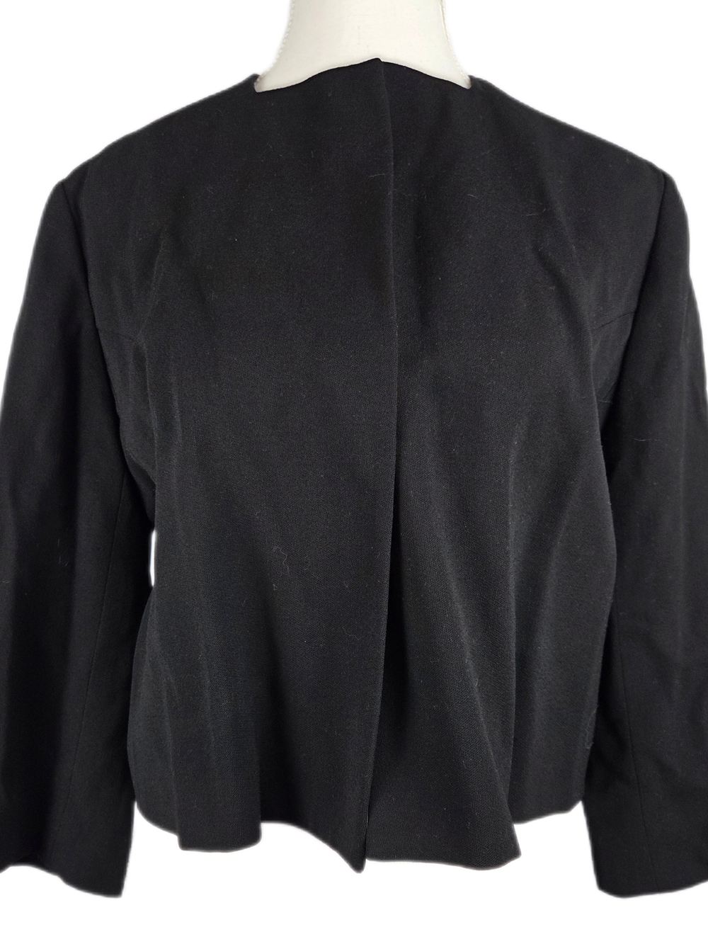 Vintage Holt Renfrew Black Wool Cropped Jacket Collarless Boxy Minimalist